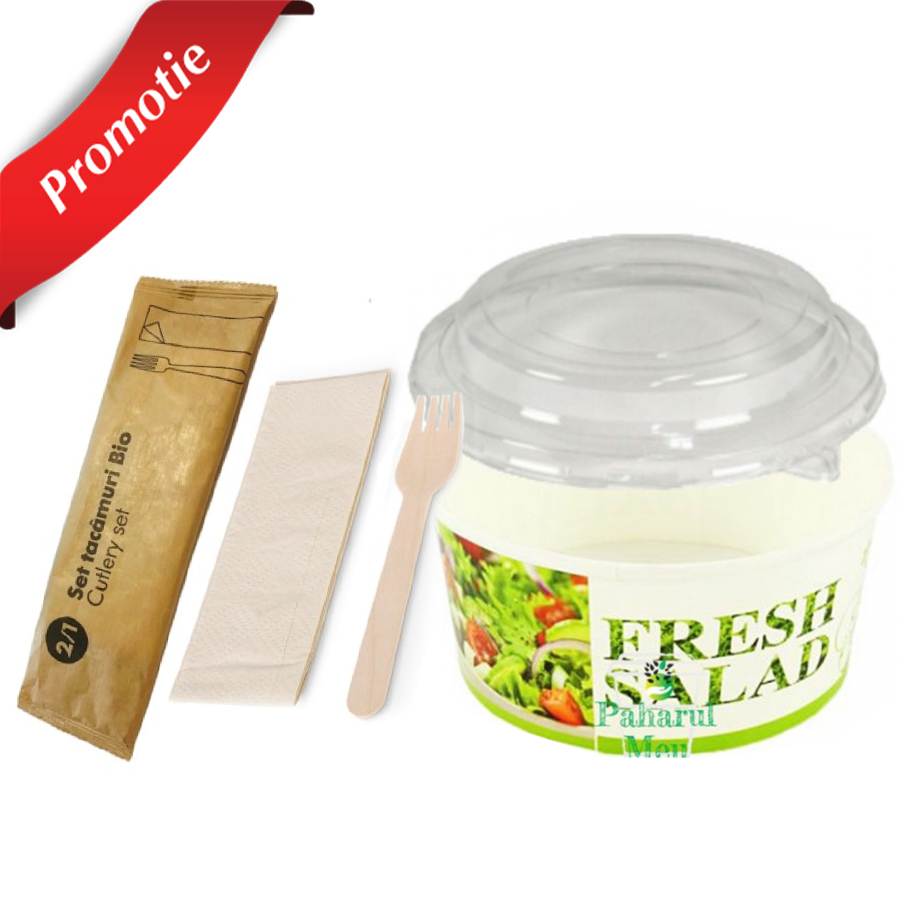 Pachet catering bio 100 buc cutie salata + furculita cu servetel